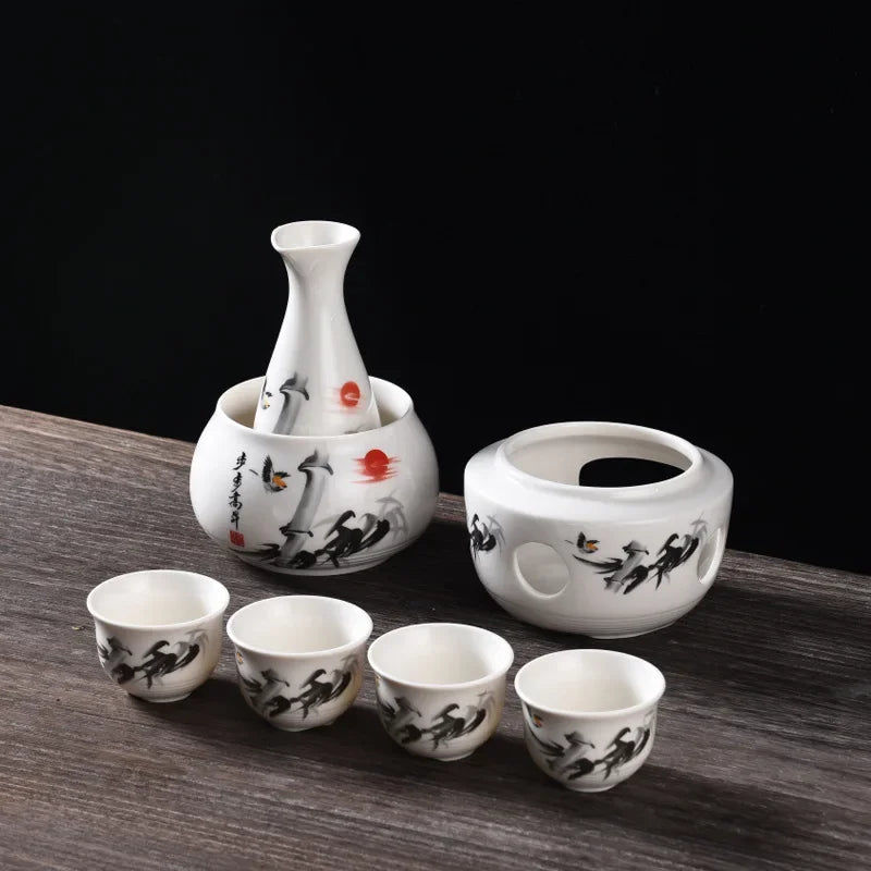 Veemoon Ensemble Sake Céramique Noir – Carafe Tokkuri + 4 Ochoko – Style Japonais Élégant