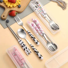 Load image into Gallery viewer, Cute Cow Print Travel Utensil Set | Metal Chopsticks Fork Spoon with Case