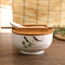 Load image into Gallery viewer, Black Sakura Ramen Bowl Set | Floral Ceramic Japanese with Wooden Lid