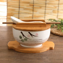Load image into Gallery viewer, Black Sakura Ramen Bowl Set | Floral Ceramic Japanese with Wooden Lid