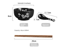 Load image into Gallery viewer, Black Sakura Ramen Bowl Set | Floral Ceramic Japanese with Wooden Lid