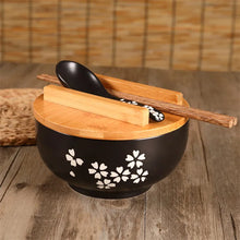 Load image into Gallery viewer, Black Sakura Ramen Bowl Set | Floral Ceramic Japanese with Wooden Lid