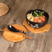 Load image into Gallery viewer, Black Sakura Ramen Bowl Set | Floral Ceramic Japanese with Wooden Lid