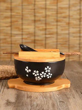 Load image into Gallery viewer, Black Sakura Ramen Bowl Set | Floral Ceramic Japanese with Wooden Lid