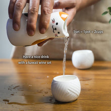 Load image into Gallery viewer, Maneki Neko Ceramic Sake Set | Japanese Lucky Cat Wine Set - 3 Pc