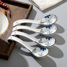 Load image into Gallery viewer, Blue Flowers Ceramic Asian Soup Spoons | White Cutlery - 4 Pc Set