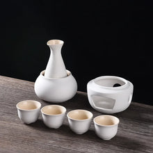 Load image into Gallery viewer, Sake Set with Warmer | Ceramic Tokkuri Sake Bottle, 4 Cups, 1 Warming Cup, 1 Candle Heating Stove - 6 pc