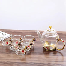 Load image into Gallery viewer, Daisy Enamel Glass Tea Pot Set | Gold Floral 6 Cups Gift - 7 Pc