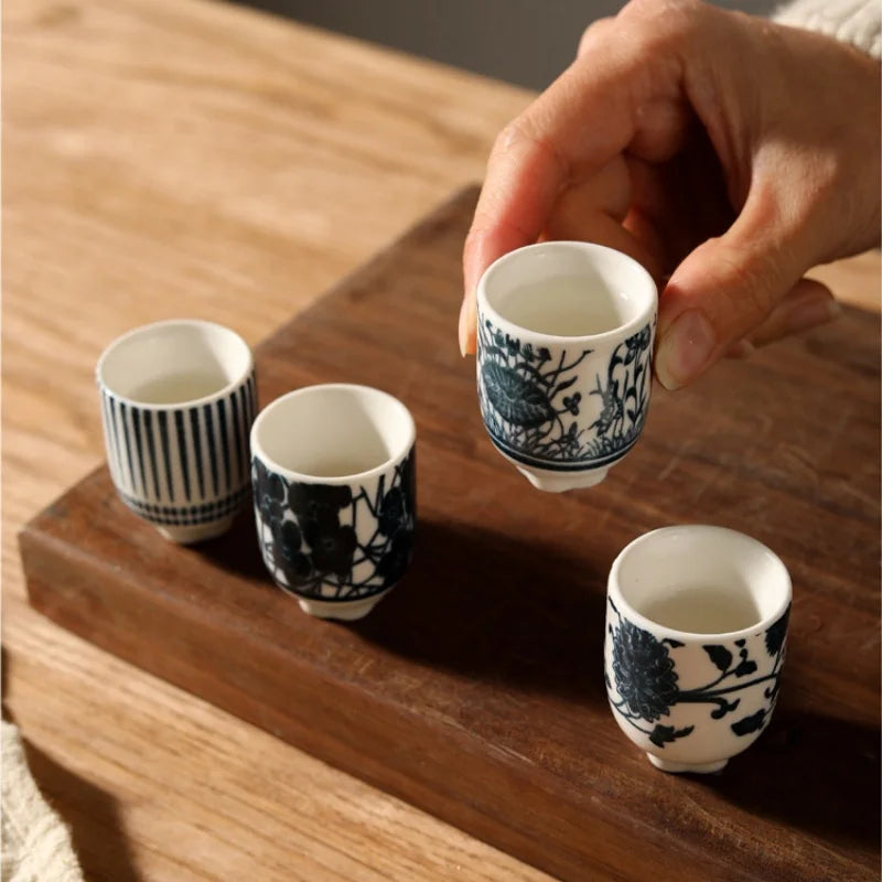 Blue White Ceramic Ochoko Sake Cups for Japanese Rice Wine - 8 Cup
