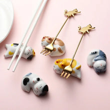 Load image into Gallery viewer, Sleeping Lucky Cat Chopsticks Holder | Cute Japanese Ceramic Rests - 5 Pc Set