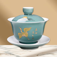 Load image into Gallery viewer, Celadon Blue & Gold Noble Crane | Chinese Gaiwan Palace Style Ceramic - 1 Set