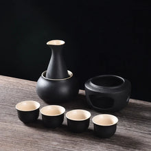 Load image into Gallery viewer, Sake Set with Warmer | Ceramic Tokkuri Sake Bottle, 4 Cups, 1 Warming Cup, 1 Candle Heating Stove - 6 pc