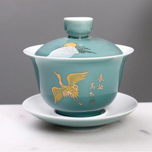 Load image into Gallery viewer, Celadon Blue & Gold Noble Crane | Chinese Gaiwan Palace Style Ceramic - 1 Set