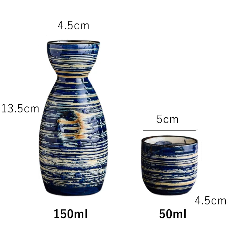 Blue Stripes Japanese Sake Set | Ceramic Tokkuri Bottle and