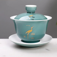 Load image into Gallery viewer, Celadon Blue & Gold Noble Crane | Chinese Gaiwan Palace Style Ceramic - 1 Set