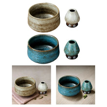 Load image into Gallery viewer, Blue & Brown Matcha Bowl with Whisk Holder | Traditional Japanese Green Tea Chawan - 2 Pc Set