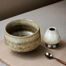 Load image into Gallery viewer, Blue & Brown Matcha Bowl with Whisk Holder | Traditional Japanese Green Tea Chawan - 2 Pc Set