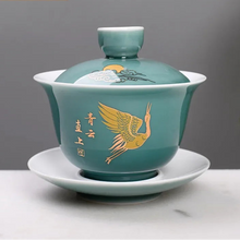 Load image into Gallery viewer, Celadon Blue & Gold Noble Crane | Chinese Gaiwan Palace Style Ceramic - 1 Set
