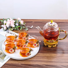 Load image into Gallery viewer, Daisy Enamel Glass Tea Pot Set | Gold Floral 6 Cups Gift - 7 Pc
