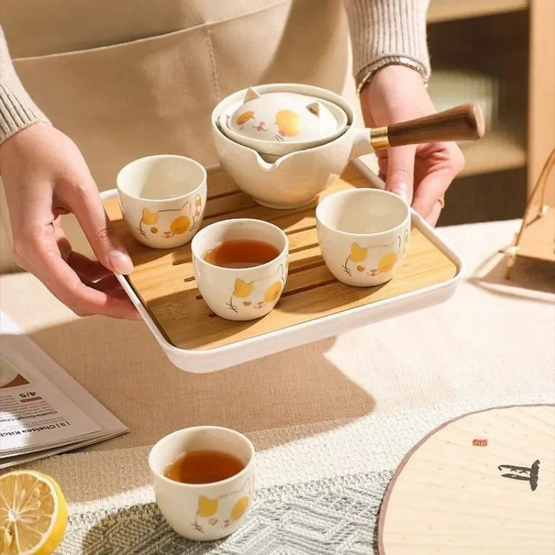 Cute Japanese Travel Tea Set with Case | Cat Panda Ceramic with