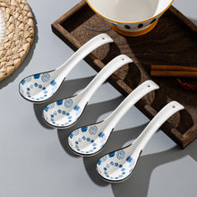 Load image into Gallery viewer, Navy Patterned Ceramic Asian Soup Spoons | White Cutlery - 4 Pc Set