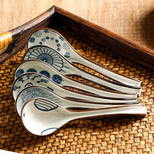 Load image into Gallery viewer, Blue & White Pattern Asian Soup Spoons | Mixed Ceramic 6 Pc Set