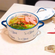 Load image into Gallery viewer, Cute Blue Fish Ceramic Ramen Bowls with Handles and Lid - 1 Pc