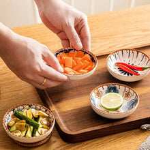 Load image into Gallery viewer, Brown & Blue Floral Soy Sauce Dish | Ceramic Small Seasoning Dipping Bowl - 4 Pc Set