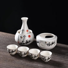 Load image into Gallery viewer, Sake Set with Warmer | Ceramic Tokkuri Sake Bottle, 4 Cups, 1 Warming Cup, 1 Candle Heating Stove - 6 pc