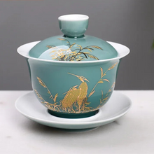 Load image into Gallery viewer, Celadon Blue & Gold Noble Crane | Chinese Gaiwan Palace Style Ceramic - 1 Set
