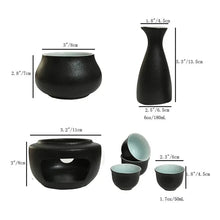 Load image into Gallery viewer, Sake Set with Warmer | Ceramic Tokkuri Sake Bottle, 4 Cups, 1 Warming Cup, 1 Candle Heating Stove - 6 pc