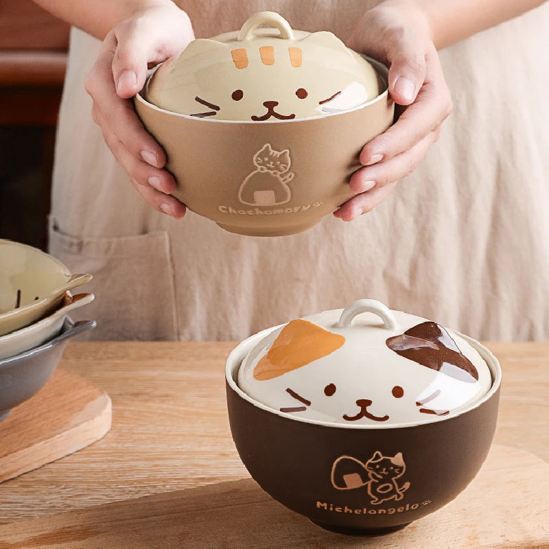 Cute Cat Ramen Bowl Japanese Ceramic Kitty Donburi Bowls with