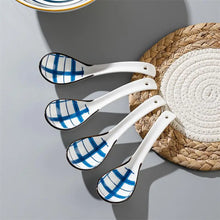 Load image into Gallery viewer, Blue Striped Ceramic Asian Soup Spoons | White Cutlery - 4 Pc Set