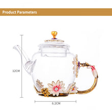 Load image into Gallery viewer, Daisy Enamel Glass Tea Pot Set | Gold Floral 6 Cups Gift - 7 Pc
