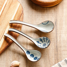 Load image into Gallery viewer, Blue & White Pattern Asian Soup Spoons | Mixed Ceramic 6 Pc Set