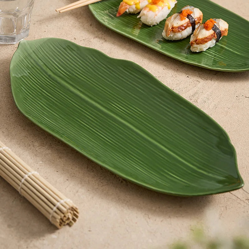 Bamboo Leaf Sushi Plates | Green Japanese Ceramic Platter - 1 Pc ...