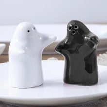Load image into Gallery viewer, Black & White Ghost Salt and Pepper Shakers | Ceramic Halloween Seasoning - 2 Pc Set