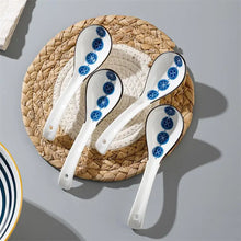 Load image into Gallery viewer, Floral Circle Ceramic Asian Soup Spoons | White Cutlery - 4 Pc Set