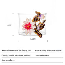 Load image into Gallery viewer, Daisy Enamel Glass Tea Pot Set | Gold Floral 6 Cups Gift - 7 Pc