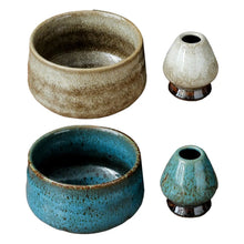 Load image into Gallery viewer, Blue & Brown Matcha Bowl with Whisk Holder | Traditional Japanese Green Tea Chawan - 2 Pc Set