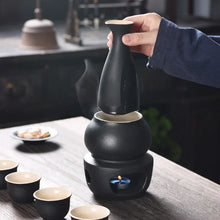 Load image into Gallery viewer, Sake Set with Warmer | Ceramic Tokkuri Sake Bottle, 4 Cups, 1 Warming Cup, 1 Candle Heating Stove - 6 pc