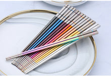 Load image into Gallery viewer, Silver and Gold Purple Blue Rose Gold Orange Pink Black Rainbow Stainless Steel Metal Reusable Chinese Novelty Chopsticks Non-Slip | 1 Pair