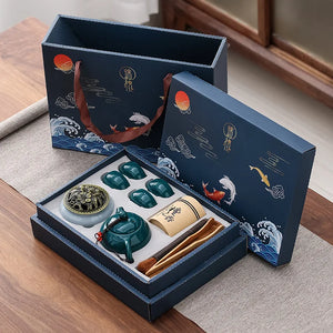 Blue Full Chinese Tea Set Gift Box | Gongfu Pot 4 Cups Incense Holder Tongs Brush