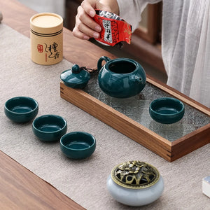 Blue Full Chinese Tea Set Gift Box | Gongfu Pot 4 Cups Incense Holder Tongs Brush