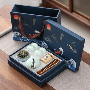 Blue Full Chinese Tea Set Gift Box | Gongfu Pot 4 Cups Incense Holder Tongs Brush