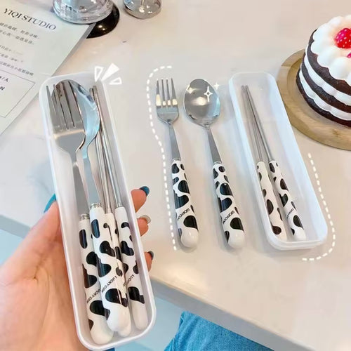 Cute Cow Print Travel Utensil Set | Metal Chopsticks Fork Spoon with Case