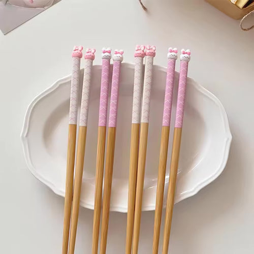 Cute Pink & White Rabbit Chopsticks | Kawaii Bunny Chinese Wooden Chopstick - 1 Pair