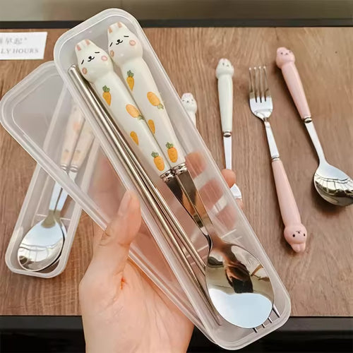 Cute Rabbit Spoon Fork Chopsticks with Case | Stainless Steel Travel Utensil Set