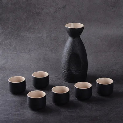 Modern White & Black Sake Set | 6 Ceramic Cups Tokkuri Japanese Bottle - 7 Pc Set