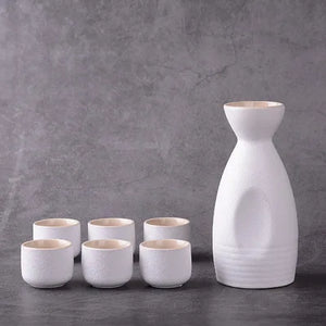 Modern White & Black Sake Set | 6 Ceramic Cups Tokkuri Japanese Bottle - 7 Pc Set